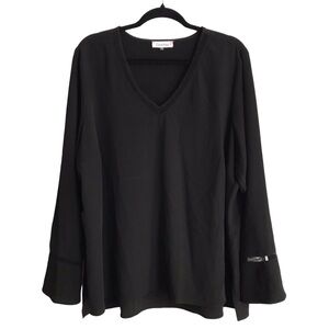 Calvin Klein Womens Plus Size 1X Long Bell Sleeve V-neck Blouse Shirt Top Black